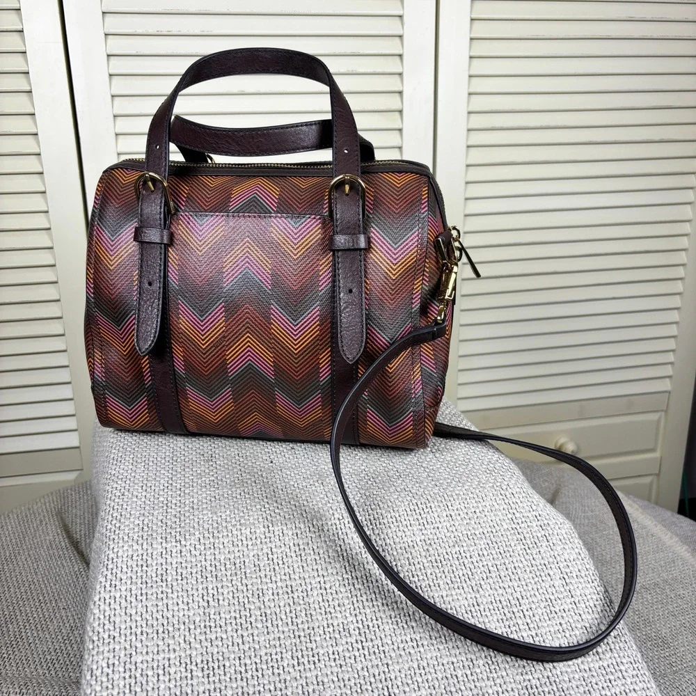 Fossil Brown Chevron Carlie Coated Fabric Harlow Print Satchel Crossbody Bag